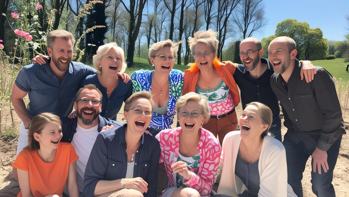ersstelle ein Bild mit lachenden Menschen in der Natur verschiedener Ethnien, vorwiegend hellhäutig (1)